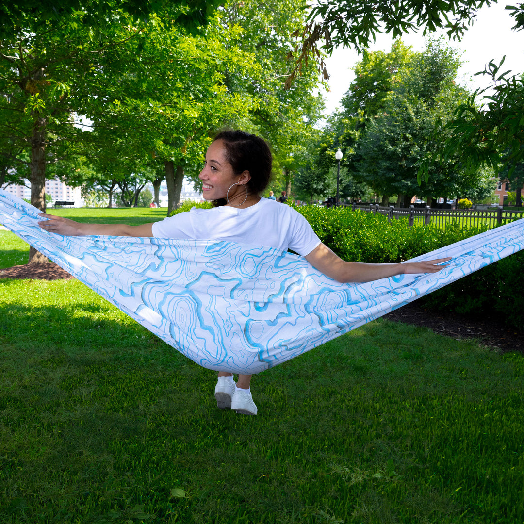niantic supply off duty hammock with model from behind