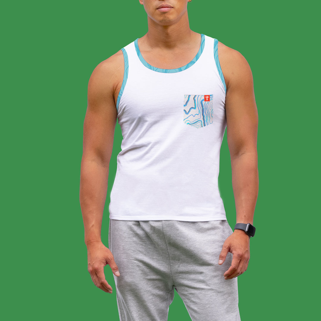 niantic supply ringer tank white on green background zoomed in