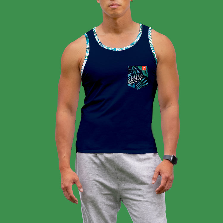 niantic supply ringer tank navy on green background zoomed in