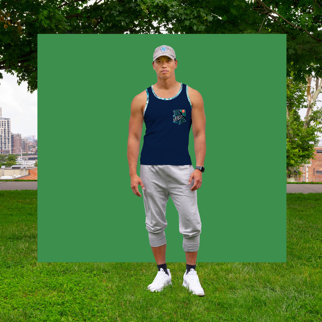 niantic supply ringer tank navy on male model with green background