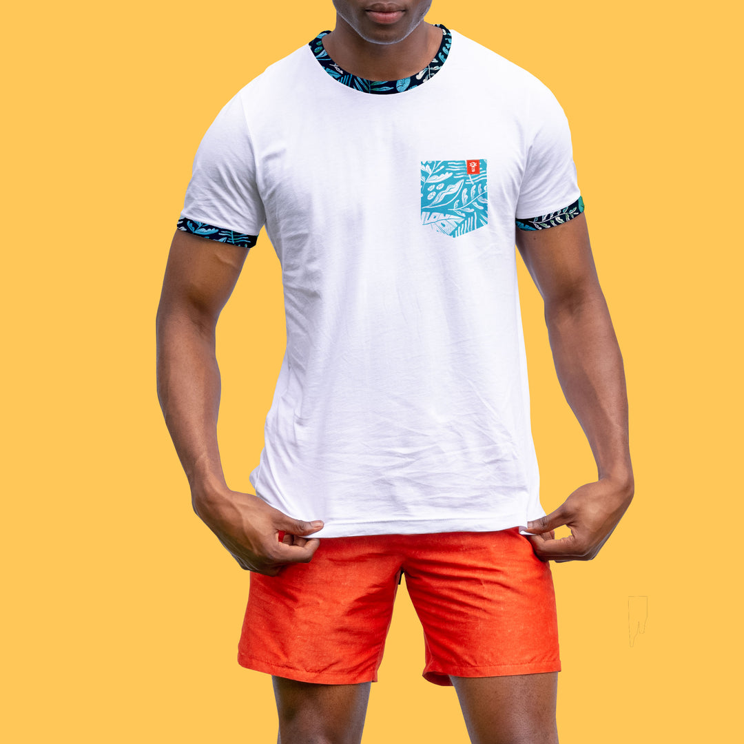 niantic supply ringer tee exploration on male model with yellow background zoomed in