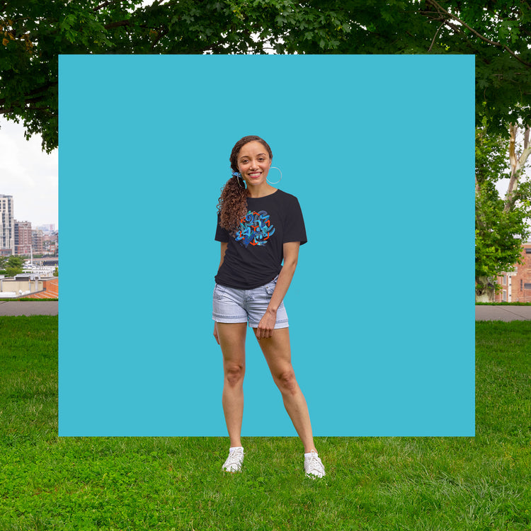 niantic supply swipe free from reali-tee black on female model with blue background