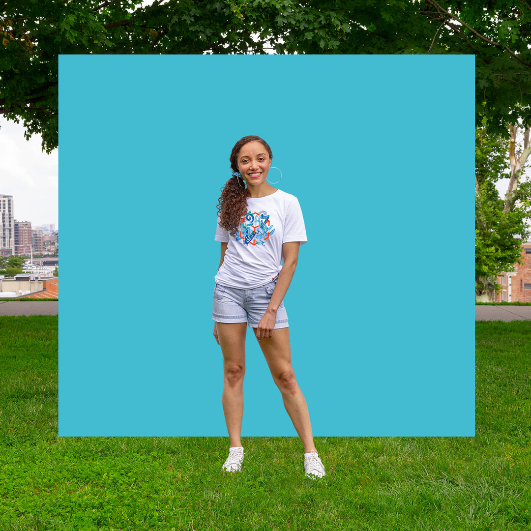 niantic supply swipe free from reali-tee on female model with blue background